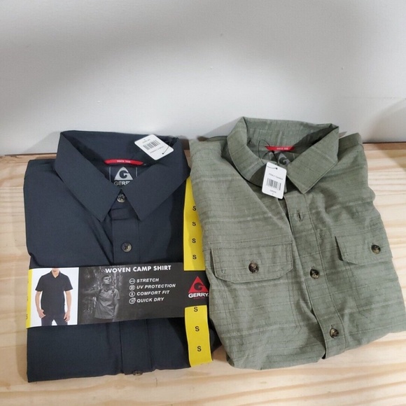NWT Gerry Woven Camp Shirt Men's, Button Down, Gray & Green size SMALL, x2 - Picture 1 of 5